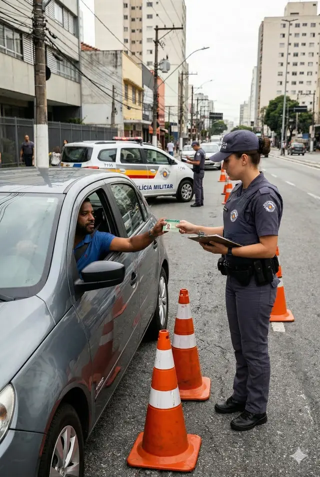 Policial de trânsito com cones de sinalização